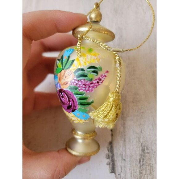 Floral vase hand-painted blown glass ornament Xmas decor - Picture 3 of 7